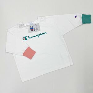 新品15351 チャンピオンChampion 100cm白ホワイト　袖リブカラー切り替え　長袖Ｔシャツ　ロゴ刺繍入り男女兼用ユニセックスキッズジュニア