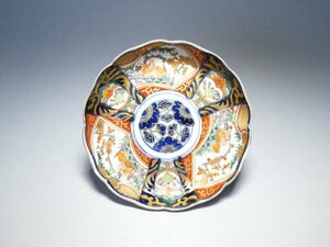 古伊万里　色絵金彩　鴛鴦　かき分け　竹梅図　輪花　小皿　NO.D1-3179