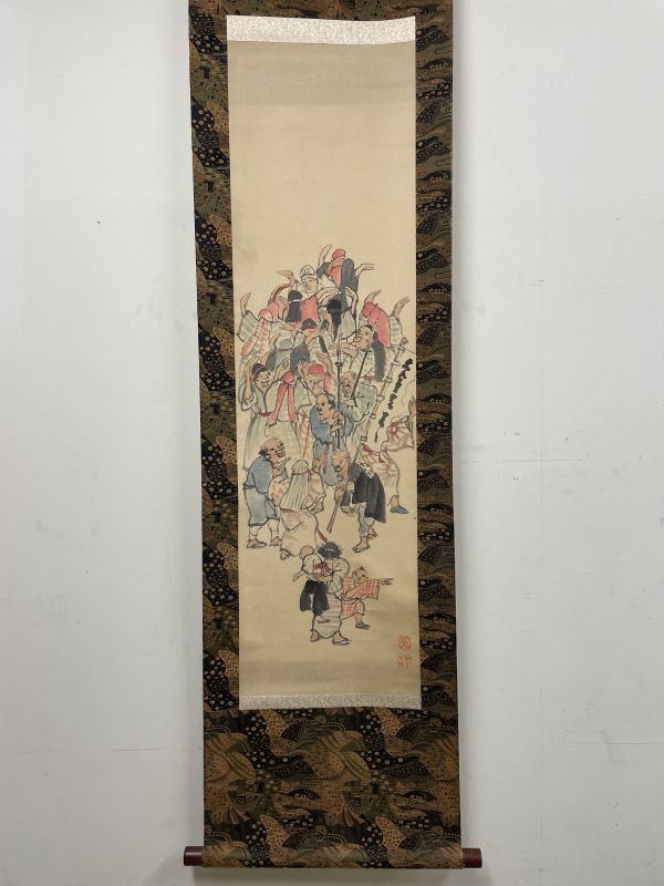 超格安 河鍋暁斎/歌川国芳・狩野洞白師事「相撲」掛軸 絹本 タトウ箱