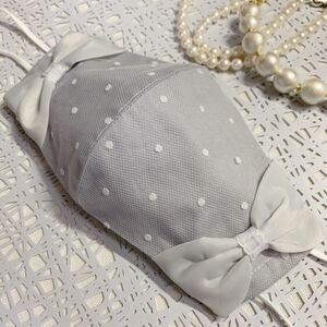 ハンドメイド 立体インナー3way gray&whiteフロッキードットオーガンジーチュール&リボン