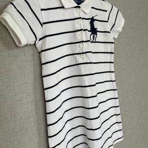 《ラルフローレン》キッズM（110くらい？）ロゴ大きめ刺繍/紺×白ボーダーワンピース（長め襟付きシャツ）裏、右下シミあり