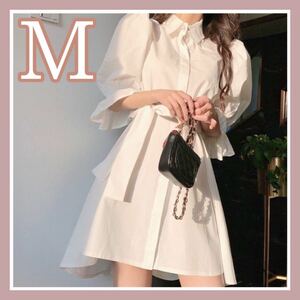 大人気韓国ファッション☆【 新品 】パフスリーブ ワンピース 膝丈 M ホワイト