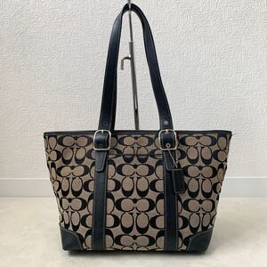 COACH コーチ トートバッグ シグネチャー キャンバス レザー ベージュ 黒 ハンドバッグ チャーム付 ロゴプレート 6042