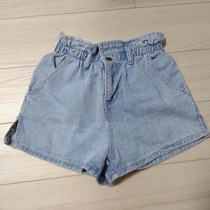 デニム ジーンズ ショート パンツ ライトブルー スリット ハイウエスト ゴム ショートパンツ デニムショートパンツ