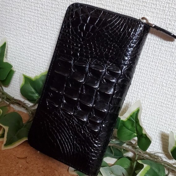 クロコダイル 背革 鰐革 ラウンドファスナーウォレット 背革使用 財布 一枚革 ブラック