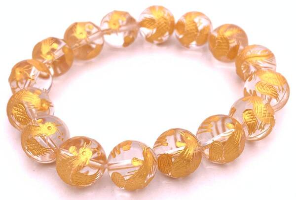 天然石水晶金彫り朱雀 12mm玉のブレスレット