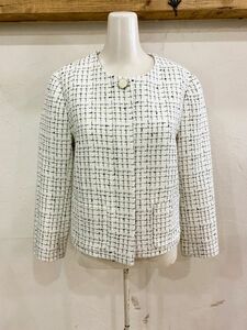 1569★BANANA REPUBLIC/バナナリパブリック ノーカラーツイードシングルボタンジッパージャケット レディース ホワイト系 サイズ2 USED ★