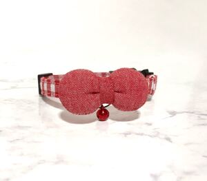 ギンガムチェック×まるリボン レッド 猫首輪 ハンドメイド
