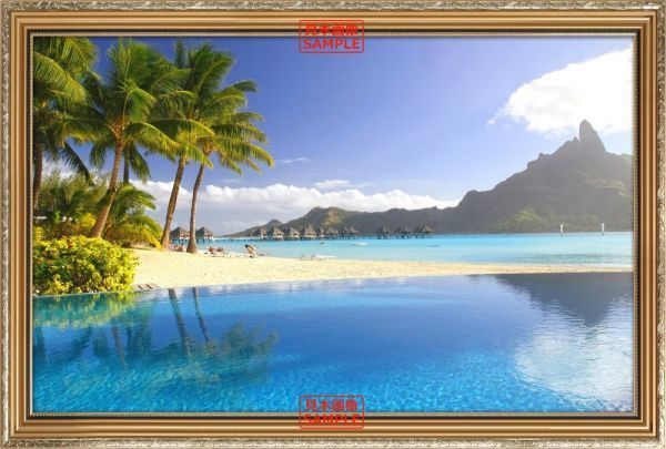 Tahiti Paradise View Polynesia Resort Sea Mountain Healing [Frame Print] Painting Style Wallpaper Poster Extra Large 852 x 576 mm (Peelable Sticker Type) 016SGC1, printed matter, poster, others