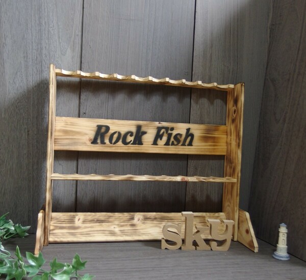 ロッドスタンド 10本 炙り加工　Rock Fish ver. 国産ヒノキ製　完成品