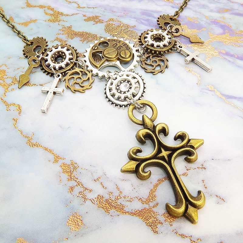 Antique Gold Steampunk Rosary and Gears Multi-Layer Necklace with Swarovski Gothic Adjuster, Handmade, Accessories (for women), necklace, pendant, choker