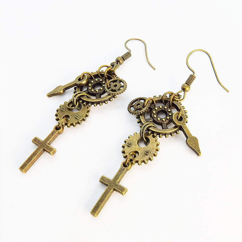 Rosario (cruz) de oro antiguo estilo Steampunk y pendientes de engranaje Manecillas del reloj, hecho a mano, Accesorios (para mujeres), pendientes, pendientes