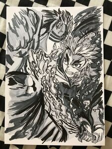 鬼滅の刃手書きイラスト ファンアート 煉獄杏寿郎 猗窩座 コピック ケント紙