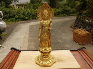 【A11003】牧田秀雲 聖観音菩薩像 正観音 ブロンズ製 銅製 金メッキ仏教美術 仏像 置物 オブジェ　高さ26cm　⑳