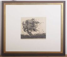 7364 作者不詳 サイン有:野村 仮題「草原の木」 木版画 額装_画像1