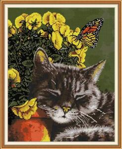 ネコと蝶 クロスステッチキット 図案印刷