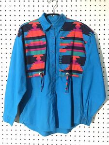 1980s M程 ラングラー ネイティブ柄 ターコイズブルー コンチョ付 長袖シャツ ウエスタンシャツ ビンテージ チマヨ柄 インディアン 80s