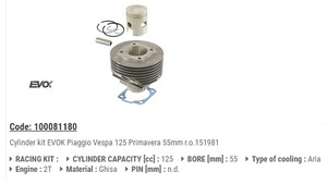 RMS 10008 1180 社外 シリンダー/ピストンキット ベスパ 旧型PRIM125 標準 EVOK