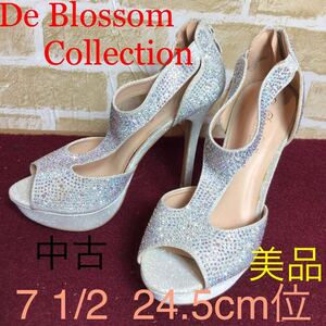 [ selling out! free shipping!]A-148 De Blossom Collection! open tu pumps!7 1/2 24.5cm rank! silver! lame! Stone!biju-! used!