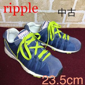 【売り切り!送料無料!】A-152 ripple!スニーカー!23.5cm!ネイビー!蛍光緑!ウォーキング!ランニング!普段使い!紐履!スポーツ!中古!