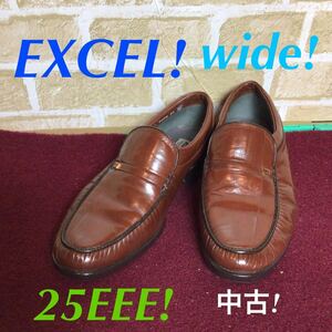 【売り切り!送料無料!】A-155 EXCEL wide! ローファー! 25㎝! レザーローファー! ブラウン! メンズシューズ! 天然皮革! 中古品!