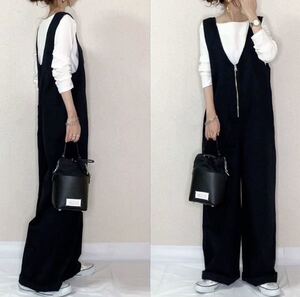 オールインワン サロペット ワンピース ワイドパンツ オールインワン ブラック