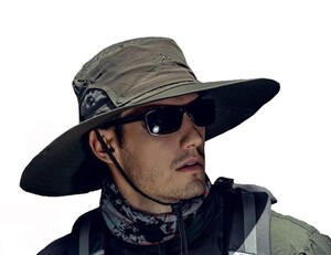 未使用品 Fintier サファリハット 日よけ帽子 UPF 50+ UVカット オリーブグリーン つば広 ひも付き