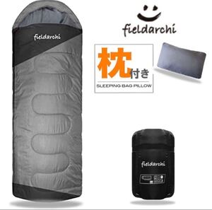寝袋 シュラフ 枕付き 封筒型 冬用 使用温度-15℃ グレー