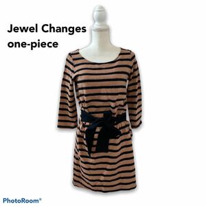 ジュエルチェンジズ　膝丈ワンピース　ボーダー柄　ウール　リボン　秋冬　ボーダーワンピース　Jewel Changes ウエストマーク