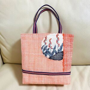 ハンドメイド 一点物 名古屋帯 帯 袋帯 リメイク トートバッグ ハンドバッグ 紬 織 織 赤 しじら織 手提げバッグ