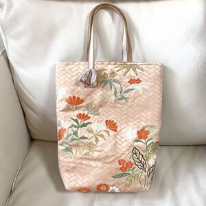 ハンドメイド 一点物 着物 袋帯 帯 リメイク 和装バッグ トートバッグ サブバッグ お茶会 お稽古 花 金 帯締めバッグ