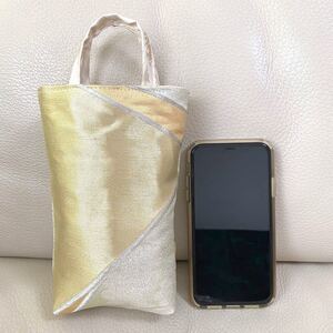 ハンドメイド 着物 リメイク 袋帯 帯 フォーンバッグ マルチケース ミニポーチ 化粧ポーチ イエロー ポーチ スマホバッグ