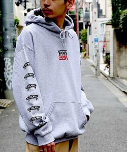 Mサイズ/VANSバンズ×FREAK'S STORE フリークスストア/別注コラボ/パーカー/スウェット/トレーナー/ビックシルエット/グレー/反転ロゴ