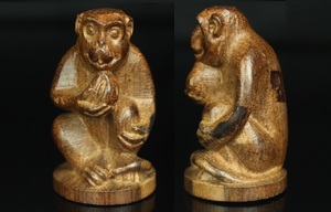【最上】繊細細工　手造　唐木造　猿　さる　申　サル　十二支　中国古玩 アンティーク 時代物　