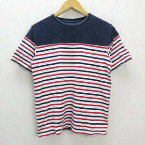 a# Ships /SHIPS JET BLUE border pattern switch short sleeves T-shirt [M] navy blue red /MENS/84[ used ]