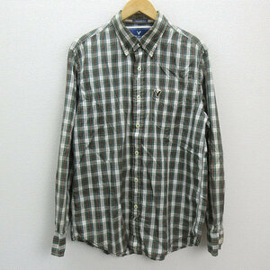 s■アメリカンイーグル/American Eagel VINTAGE FIT マルチチェック柄 長袖ボタンダウンシャツ【L/G】茶 緑 白/MENS/10【中古【中古】