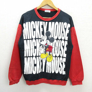 n■レトロ■ディズニー/Disney Mickey ミッキープリント スウェットトレーナー【L】赤 紺/MENS/25【中古】