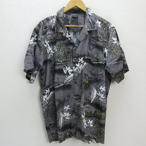 k■パームウェーブ/Palmwave ビーチ＆ヤシの木柄 半袖コットンアロハシャツ【L】夏の定番/灰色/MENS■100【中古】