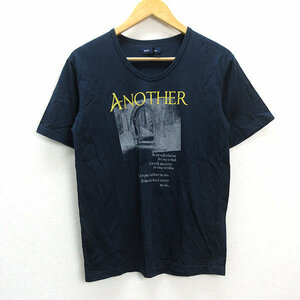 a# Ships /SHIPS illustration print short sleeves T-shirt [Large] navy blue /MENS/87[ used ]