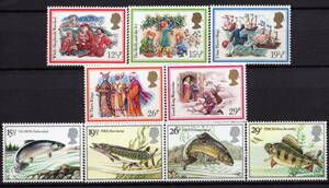 ★1982年 イギリス - かわいい切手 「クリスマス」5種完+「川魚」4種完 未使用(MNH)(SC#1006-1014)★YB-227