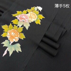 正絹 100603 薄手 無地 黒色 花柄 シルク5枚 はぎれハギレリメイクハンドメイド