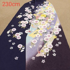 正絹 102006 紺色紫色 花柄 シルク230cm はぎれ ハギレ リメイク ハンドメイド
