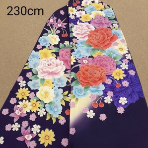 正絹 102207 紺色紫色 花柄 シルク230cm はぎれ ハギレ リメイク ハンドメイド