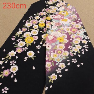 正絹 103103 黒色 花柄 シルク230cm はぎれ ハギレ リメイク ハンドメイド