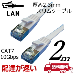 スリムフラットLANケーブル 2m Cat7 高速転送10Gbps/伝送帯域600Mhz RJ45コネクタツメ折れ防止 ノイズ対策シールドケーブル 7SM02