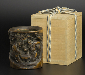 清 竹雕人物筆筒 附木箱 中国 古美術