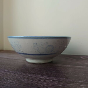  Taiwan retro * deep type medium-sized dish porcelain bowl . luck character blue * Taiwan tableware * Vintage yha1851992