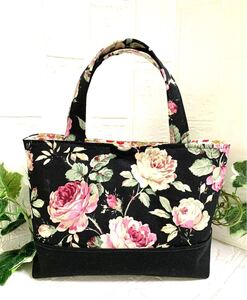 ハンドメイド 玉付ファスナー内ポケットミニトートバッグ☆ローラアシュレイ風薔薇柄と小さな花柄