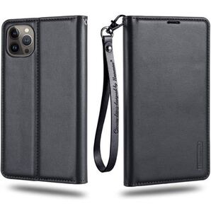 iPhone 13 Pro Max ケース 6.7インチ ストラップ付き 折り畳み式 3枚名刺カード入れ Qi充電対応 ブラック