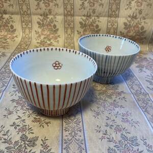 Art hand Auction New item ★ Mino ware Kurachin Kiln Red Tokusa bowl & Blue Tokusa bowl Pair Rice bowl Rice bowl Hand-painted, Tableware, Japanese tableware, Rice bowl